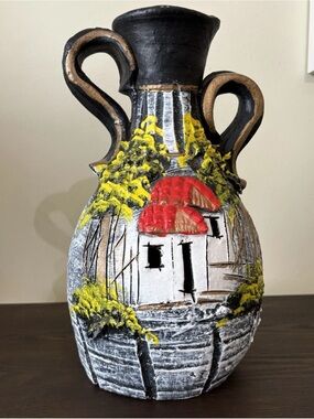 Vintage Greek Relief Luminary Vase-Pierced Cutout Windows 3D Villa Hand Painted